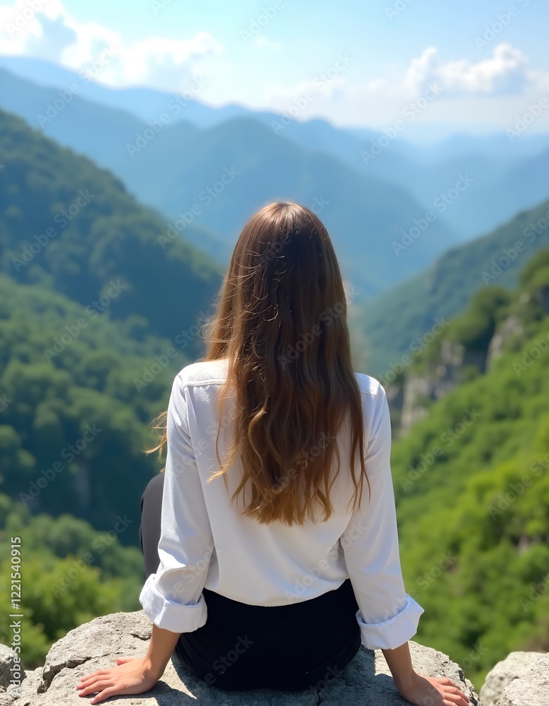Woman sitting on a rock, overlooking a breathtaking mountain vista. A serene moment in nature's beauty. Woman sitting on a rock, overlooking a breathtaking mountain vista. A serene moment in nature's beauty.