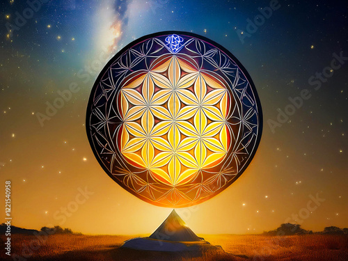 Photo of the Flower of Life symbol, made in a geometric style, with clear contour lines forming intersecting circles. The symbol is on a neutral background, emphasizing its harmony and balance. photo