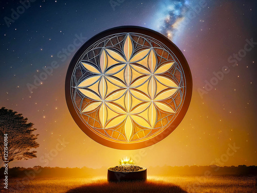 Photo of the Flower of Life symbol, made in a geometric style, with clear contour lines forming intersecting circles. The symbol is on a neutral background, emphasizing its harmony and balance. photo