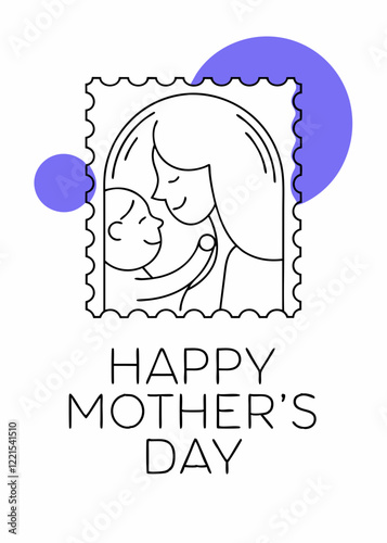 Minimalist line drawing of mother embracing baby within stylized frame with text. Concept of greeting cards, family services, maternal care