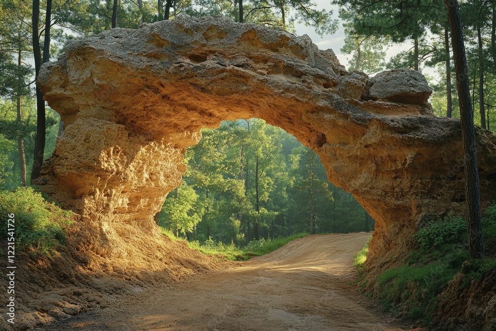 Obraz premium A natural sandstone archway frames a sunlit dirt road winding through a verdant forest.