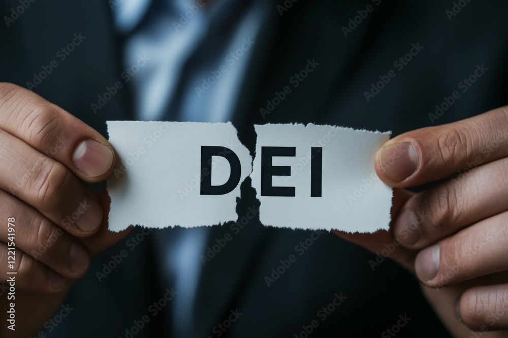 custom made wallpaper toronto digitalclose up businessman tearing apart in half a rectangular piece of paper with bold text "DEI" End of DEI programs at corporates