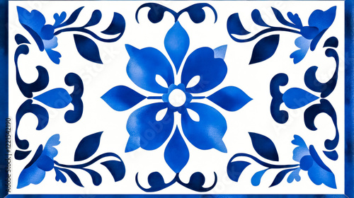 Blue and white portuguese azulejos tile with detailed floral pattern