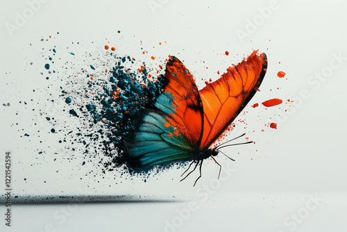 Vivid butterfly bursting with colorful powder against a clean background in a creative art representation photo