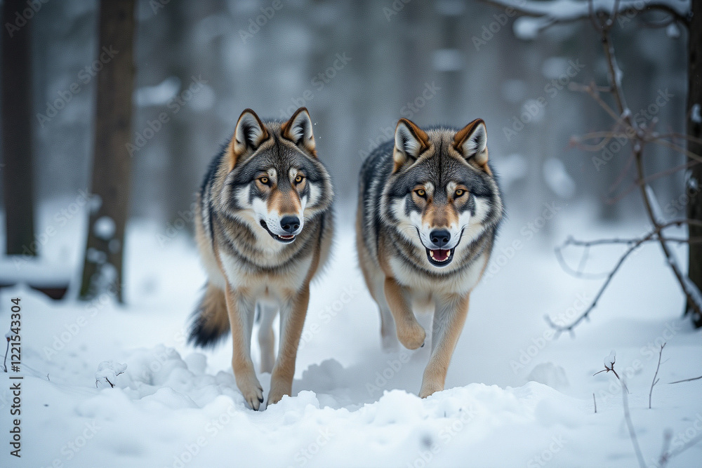 Pair of wolves walking through snowy forest Pair of wolves walking through snowy forest