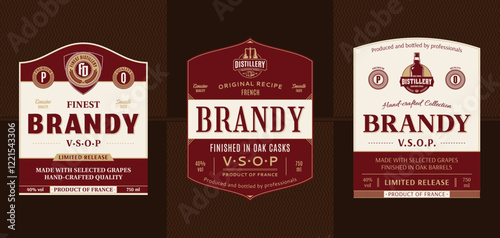 Vector brandy vintage labels and packaging design templates. Distilling industry branding and identity design elements