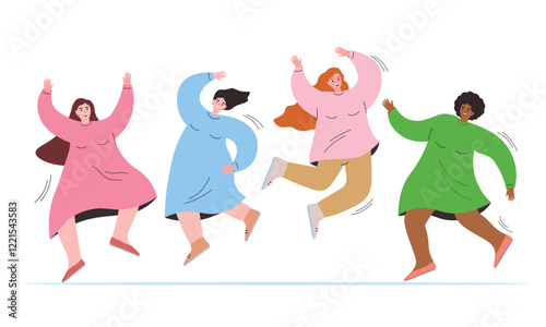 Several cheerful girls are dancing and jumping. Happy women move and enjoy life. Vector flat graphics.