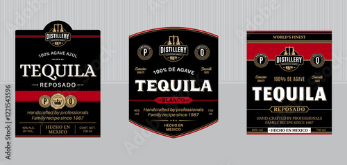 Vector tequila vintage black and red labels and packaging design templates. Distilling industry branding and identity design elements