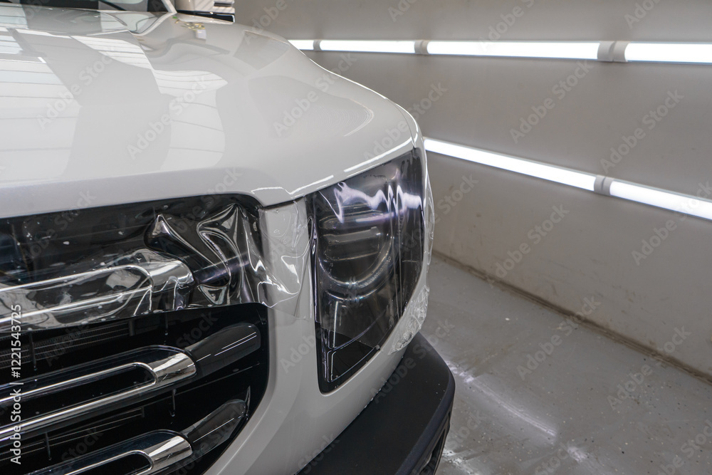 Fototapeta premium A worker is applying transparent film to a car to protect it from gravel and scratches on the hood of a white car. Applying transparent paint protection film