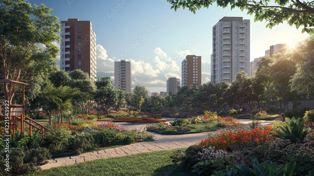 Fototapeta premium Lush Park Landscape Surrounded by Modern Buildings in a Vibrant Urban Setting During Afternoon Sunlight