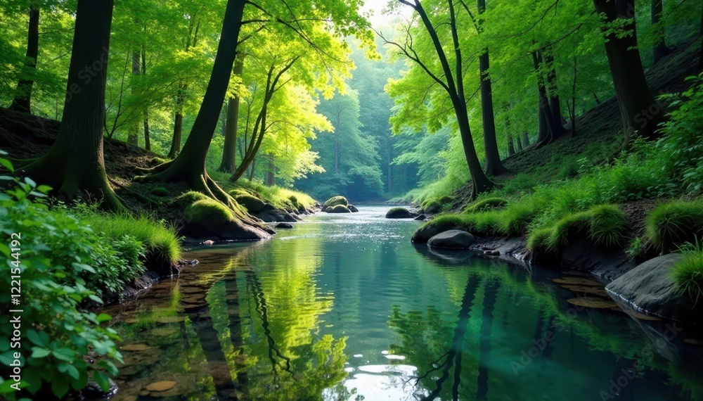 Obraz premium Crystal clear spring river meanders through vibrant forest canopy, plants, rocks