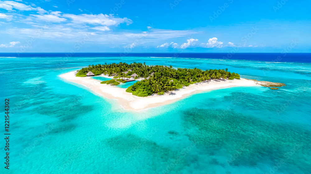 Obraz premium Tropical island with white sand beach and turquoise water surrounded by coral reef