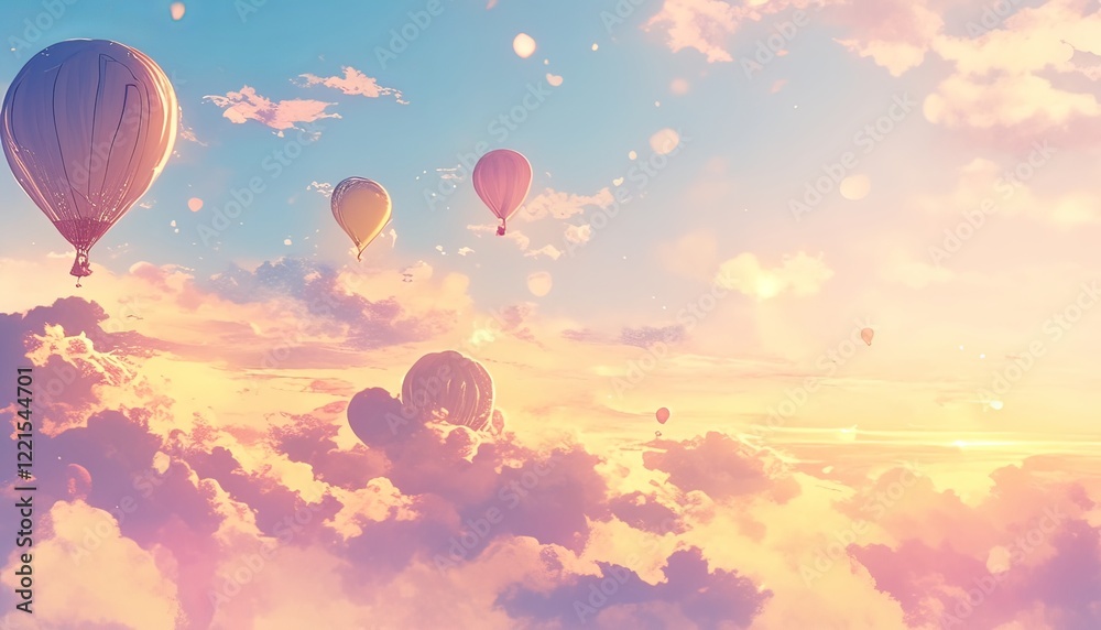 Obraz premium Colorful hot air balloons floating above soft pastel clouds and rolling hills