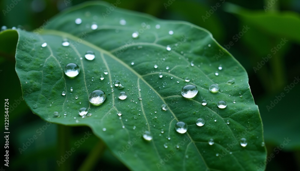 Macro shot of water droplets on a green leaf with natural veins Macro shot of water droplets on a green leaf with natural veins