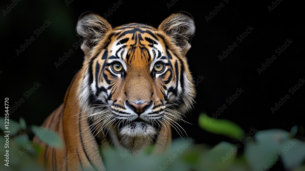 Fototapeta premium A majestic tiger staring directly at the camera, its intense eyes glowing under soft jungle light