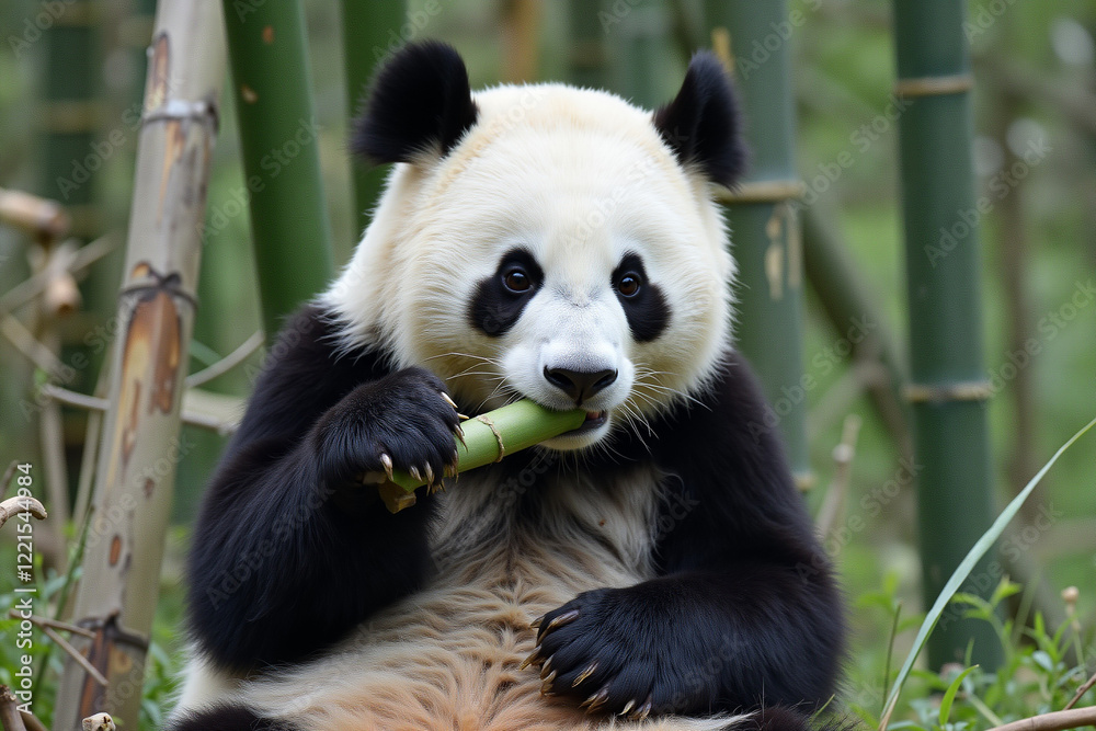 Fototapeta premium Panda chewing bamboo in lush forest