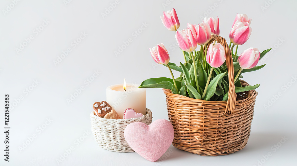 Obraz premium Pink Tulips in Woven Basket with Heart-Shaped Candle and Cookies for a Cozy Spring Atmosphere Concept of Floral Decor, Romantic Gifts, Candlelight Ambiance. Valentine's Day. Copy space