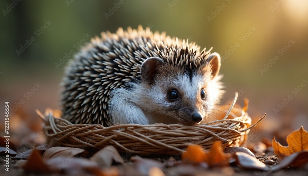 Fototapeta premium Adorable hedgehog resting in a wicker nest with autumn leaves