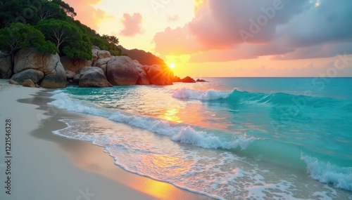 Turquoise water laps white sand beach at sunset, shoreline, amazing photo