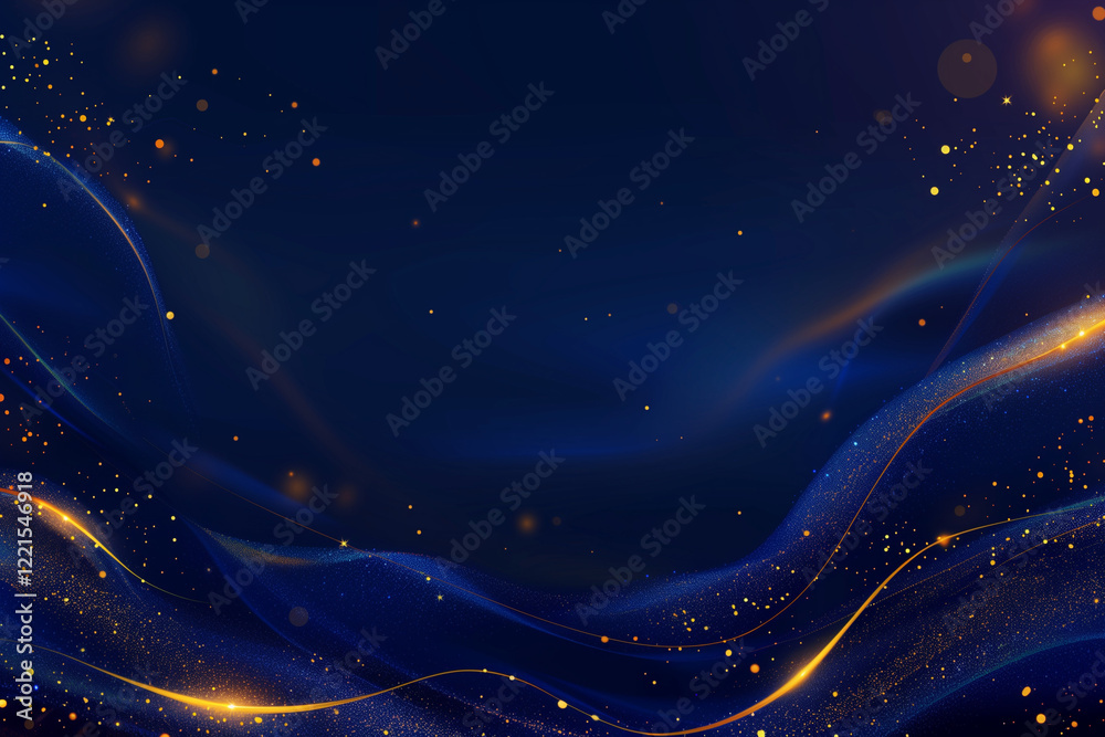 Obraz premium Dark Blue Abstract Background with Golden Particles, Dynamic Light Trails and Shimmering Texture, Futuristic Design Concept