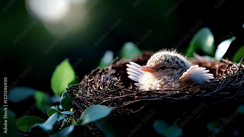 Baby bird resting in nest on tree branch, illuminated by soft light, nature photography, wildlife Baby bird resting in nest on tree branch, illuminated by soft light, nature photography, wildlife
