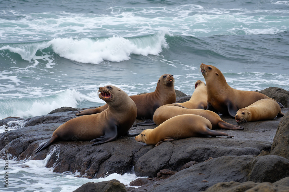 Fototapeta premium Sea lions basking on rocky shore with waves