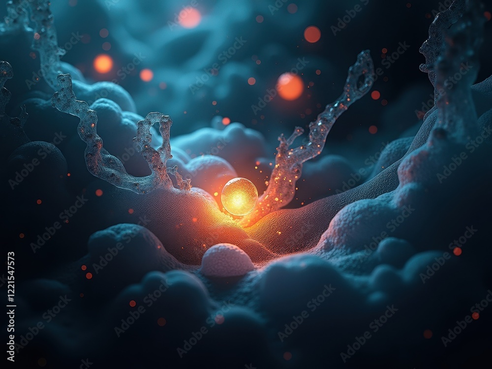 Exploration of a vibrant microscopic world showcasing glowing particles and intricate structures in a surreal digital art composition