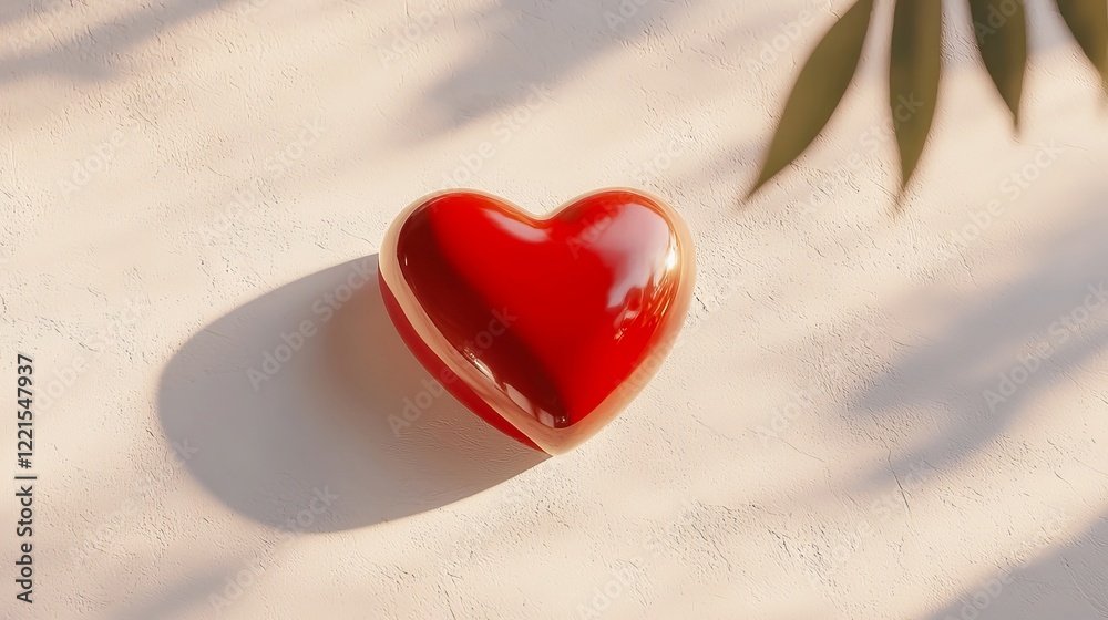 Fototapeta premium Simple Red Heart Casting a Shadow on Textured Surface, Concept of Love, Minimalism, Romance, and Simplicity