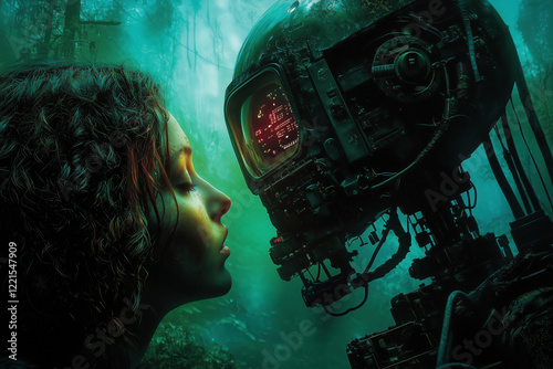 A tender moment between a woman and a robot in a mystical forest. A futuristic fantasy painting exploring themes of love, connection, and artificial intelligence. photo