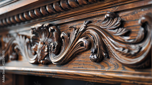 Close up of ornate antique fireplace mantel with intricate wood carvings