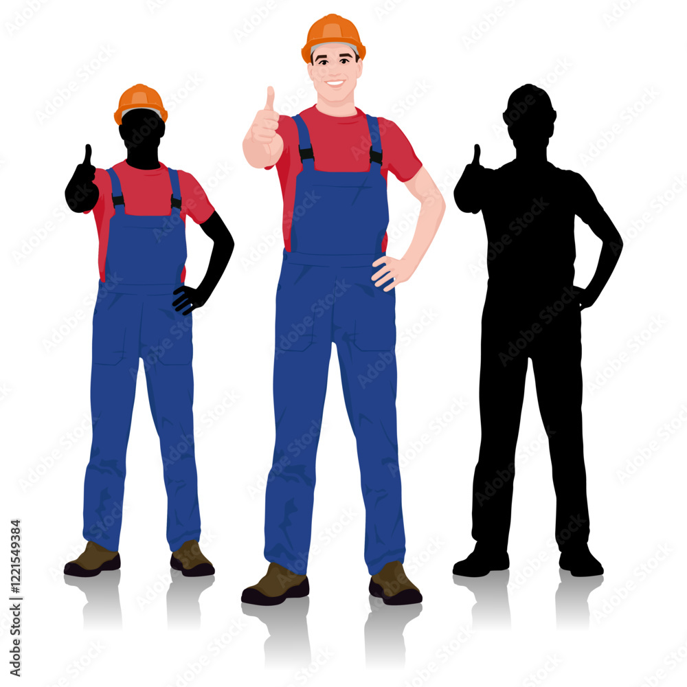 Fototapeta premium Construction Worker and Silhouette Variations Giving a Thumbs Up Gesture. Vector Flat Style Illustration Isolated On White