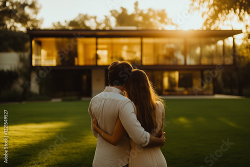 Couple embracing in front of their new big modern house, rear view. Buying your dream home. Mortgage, home loan concept