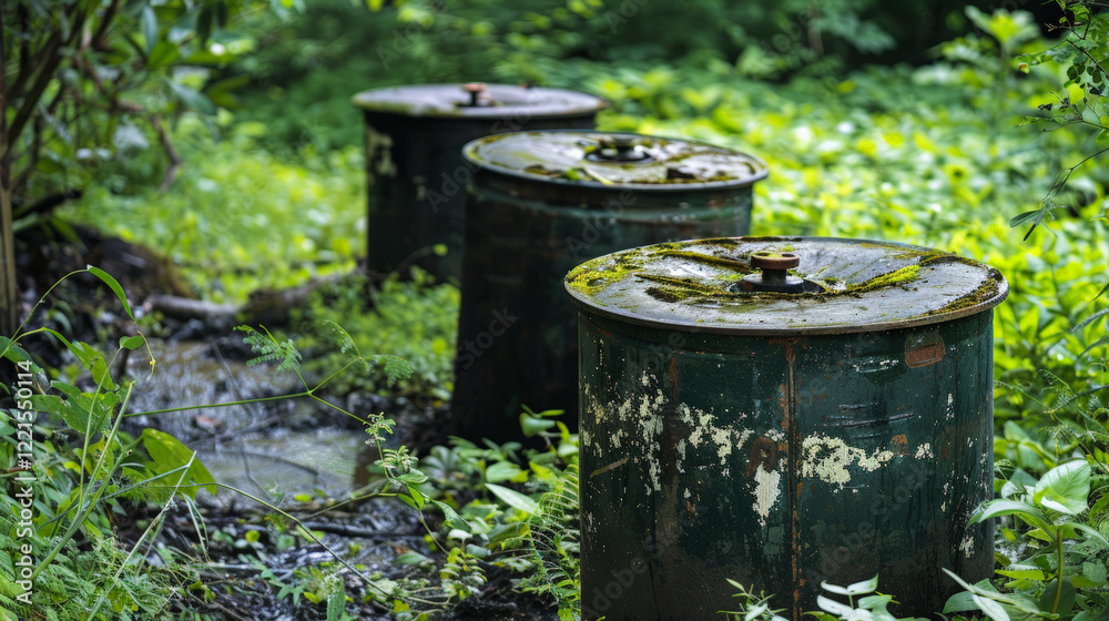 Old green barrels in overgrown vegetation, showing signs of neglect and decay