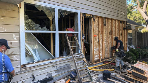 Repair process of storm damage with workers and tools visible