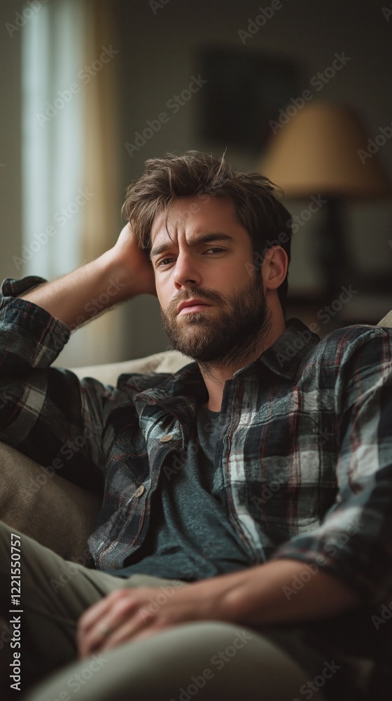 Obraz premium Young man relaxing on couch battling fatigue in cozy home setting