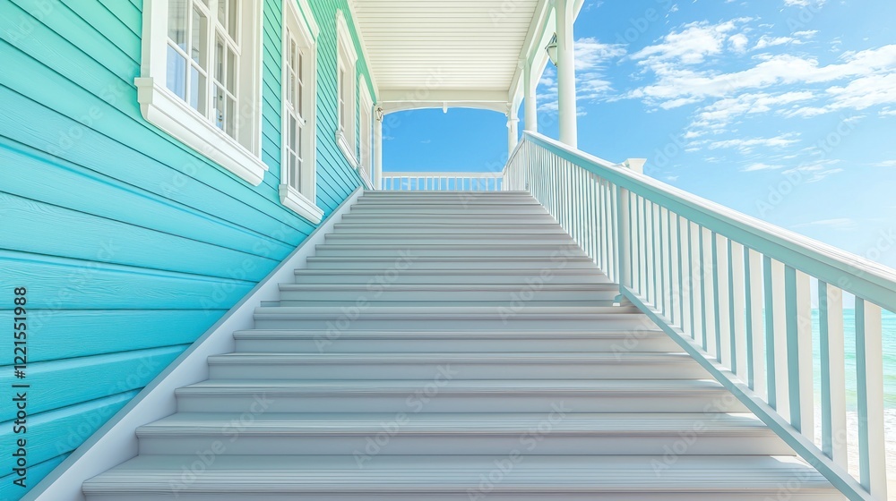 Coastal stairs leading to beach house porch, sunny sky Coastal stairs leading to beach house porch, sunny sky