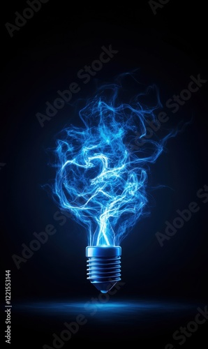 Glowing Blue Energy Emanating from a Light Bulb with Magical Smoke Effects in Dark Background