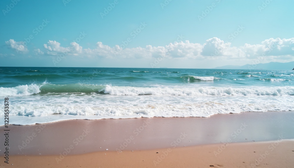 Serene ocean waves on a sandy beach under a bright blue sky Serene ocean waves on a sandy beach under a bright blue sky