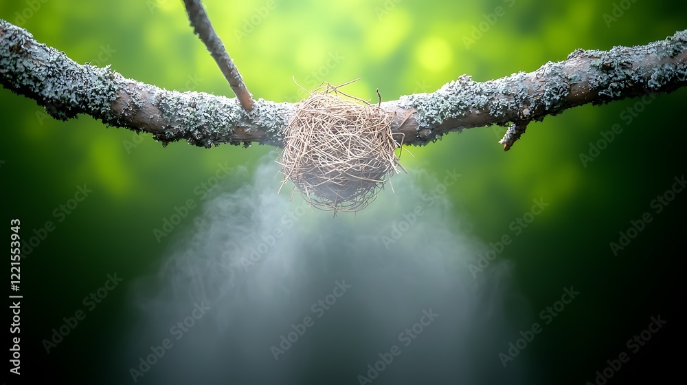Bird's nest, morning mist, forest branch, nature scene, peaceful Bird's nest, morning mist, forest branch, nature scene, peaceful