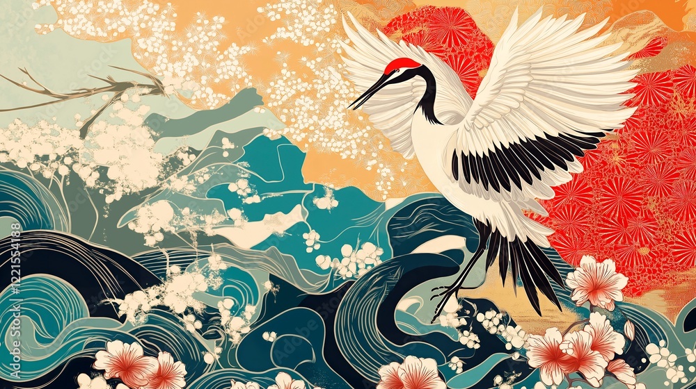 japanese crane and flowers