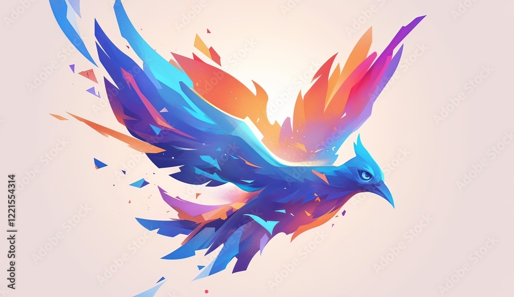 A colorful flying bird logo design on a dark blue background, featuring simple shapes and a gradient color transition from purple to orange and yellow. A colorful flying bird logo design on a dark blue background, featuring simple shapes and a gradient color transition from purple to orange and yellow.