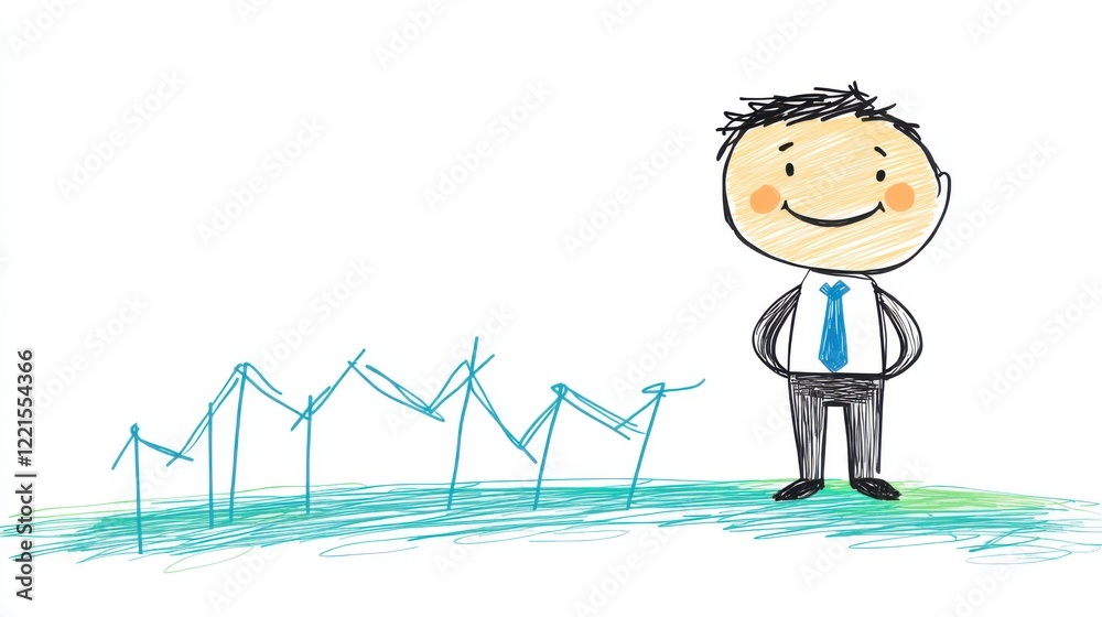 Happy Businessman Standing Confidently with Wind Turbines in a Sustainable Energy Concept Illustration Happy Businessman Standing Confidently with Wind Turbines in a Sustainable Energy Concept Illustration