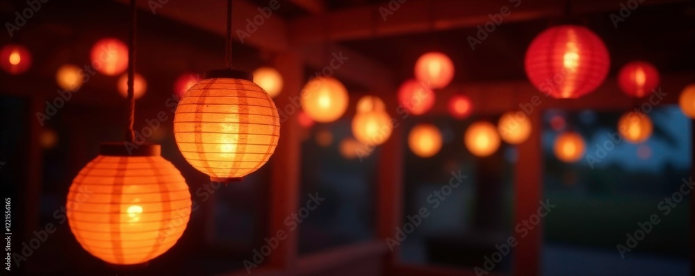 Glowing orbs hang from the ceiling like lanterns, cozy, lighting, inviting