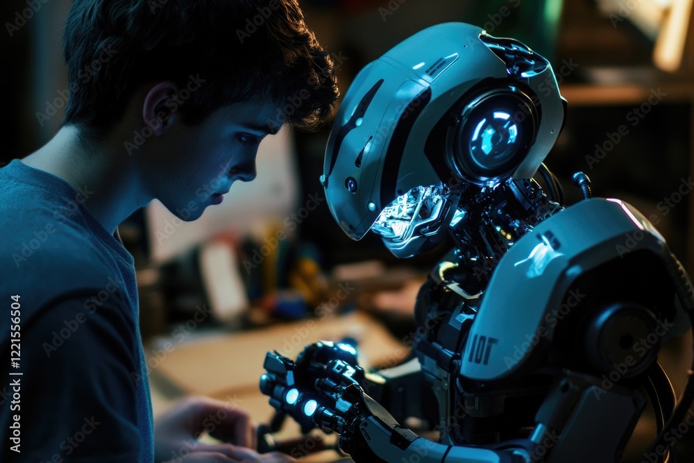 Fototapeta premium A curious child observing a robot in a dimly lit environment
