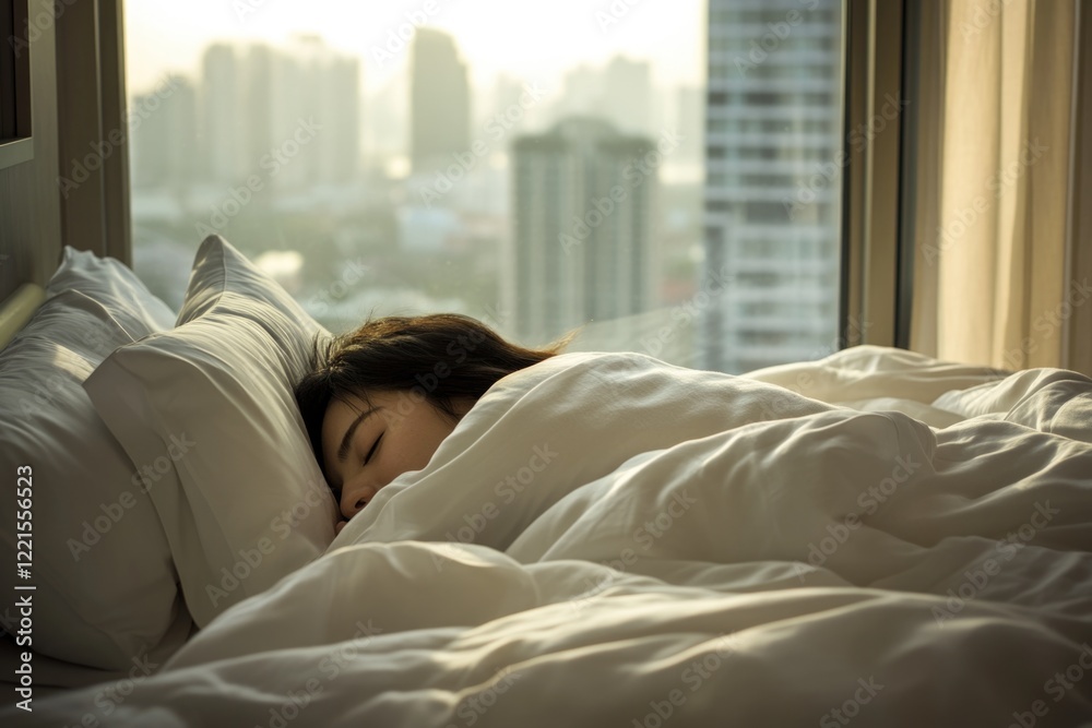 A woman sleeps peacefully in a bed with white sheets