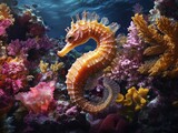 A beautifully detailed seahorse is showcased amidst a vibrant coral reef, revealing its intricate textures and colors, symbolizing the richness of marine biodiversity.