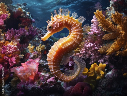 A beautifully detailed seahorse is showcased amidst a vibrant coral reef, revealing its intricate textures and colors, symbolizing the richness of marine biodiversity.