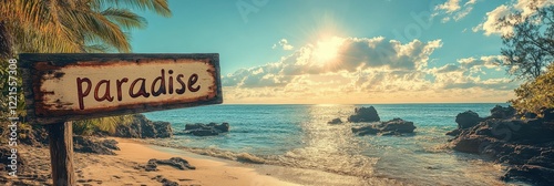 Scenic Beachfront with Tropical Sunlight and Lush Surroundings Featuring Rustic Wooden Sign Reading 'Paradise' Amidst Tranquil Ocean Waves and Pristine Sandy Shores