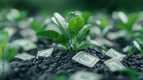 Plants sprout from dark fertile soil surrounded by scattered bills symbolizing the concept of eco money and the importance of sustainable investing in agriculture and environmental initiatives photo