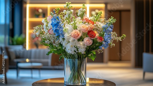 Beautiful Floral Arrangement in a Modern Lobby of a Luxury Hotel Showcasing Vibrant Colors and Elegant Design